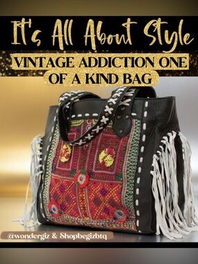 Vintage Addiction Black Leather & Vintage Fabric Tote Bag Like New Condition